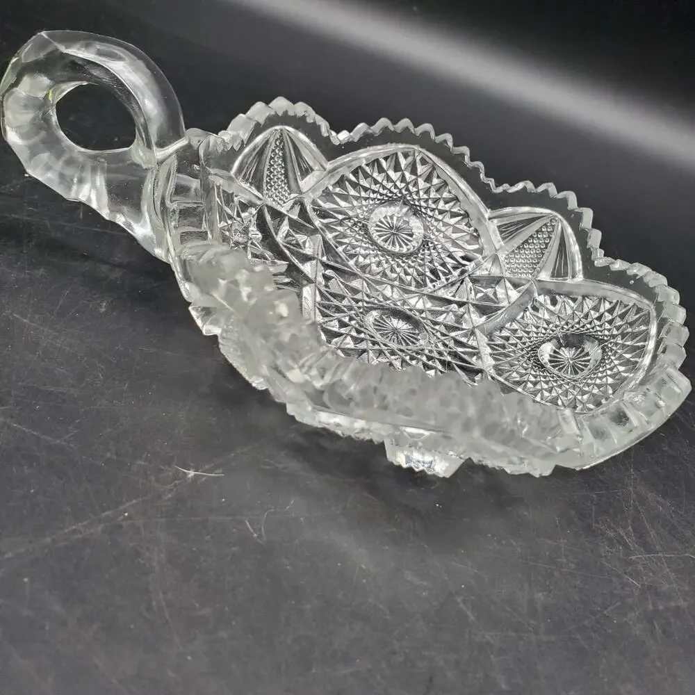 Vintage Clear Pressed Glass Nappy Dish Handled Bowl Starburst Daisy Pattern